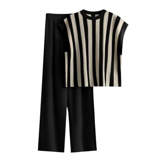 Commense Women's Medium Black White Striped Sweater Vest Knit Wide Leg Pants - Picture 6 of 7